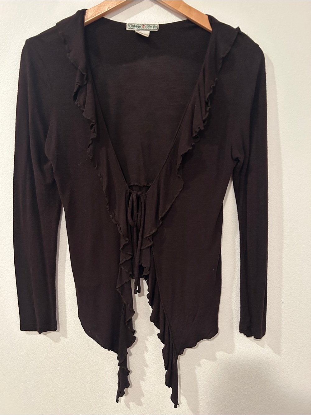 Vintage Suzie Black Ruffle-Trim Tie-Front Long Sleeve Top
